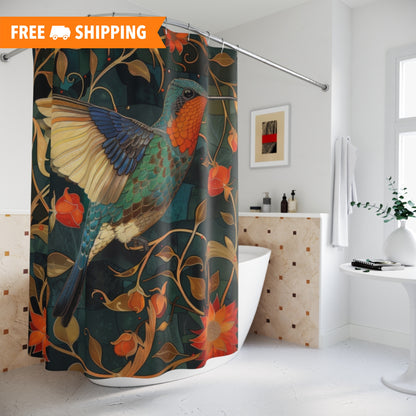 William Morris Inspired Floral Hummingbird Art Bathroom Decor Nature Pattern Shower Curtain