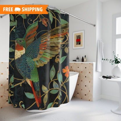 William Morris Inspired Art Deco Hummingbird Bathroom Decor Nature Pattern Shower Curtain