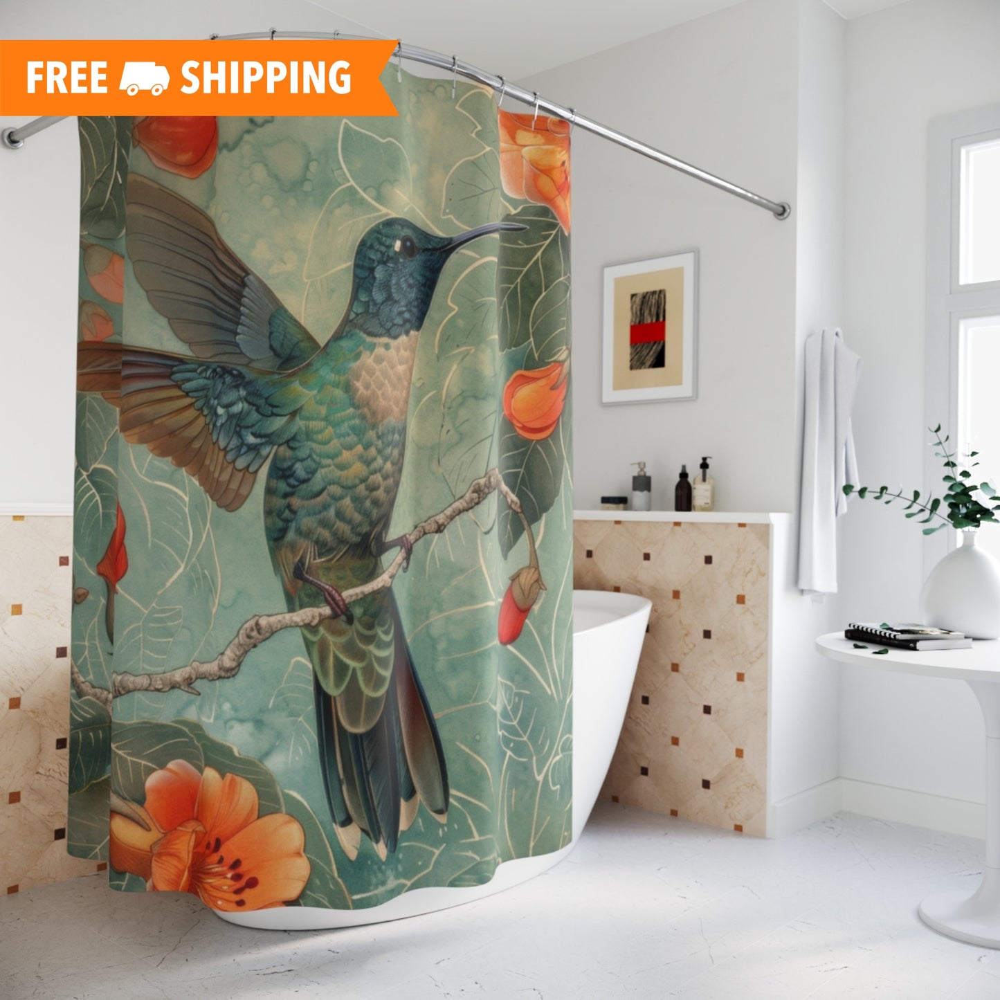 Hummingbird Art Deco Print Shower Curtain, Housewarming Gift