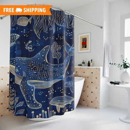 Indigo Ink Whale Shark Pattern Polyester Shower Curtain