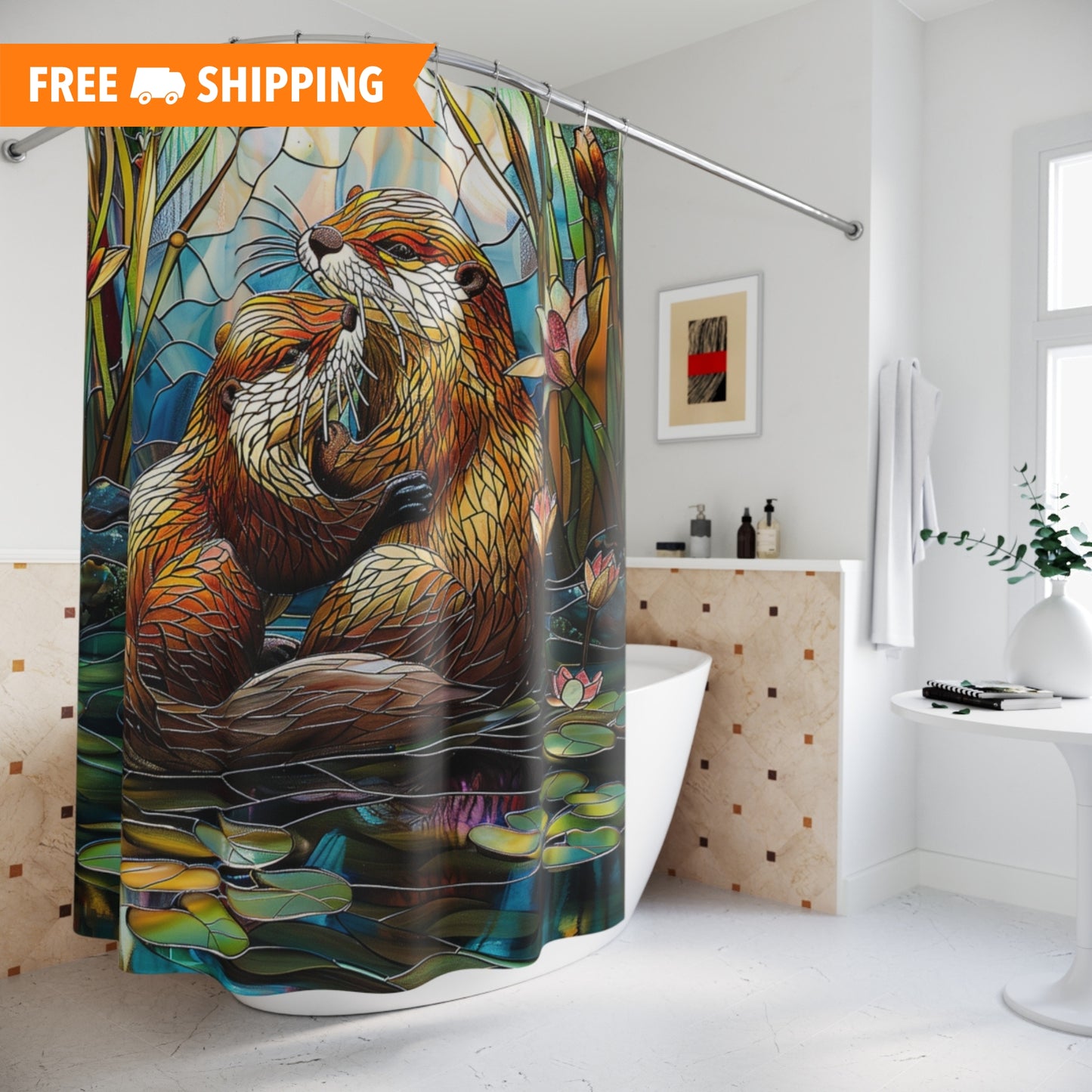 Stained Glass Otters Water Lilies, Polyester Shower Curtain