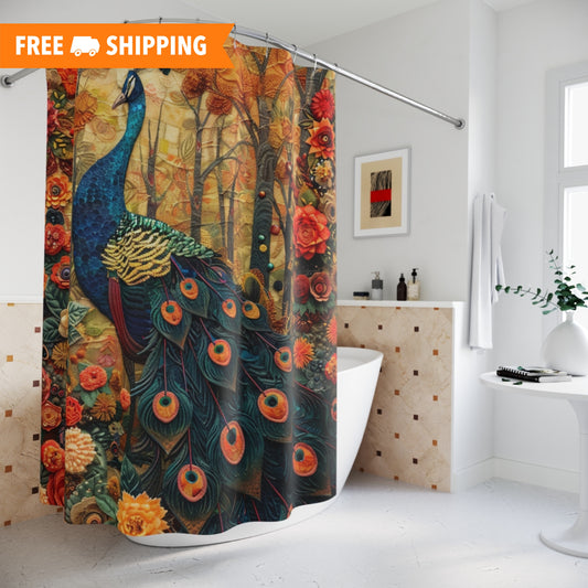 William Morris Inspired Floral Peacock | Art Deco Bathroom Decor | Nature Polyester Shower Curtain