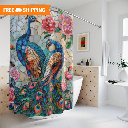 Faux Stained Glass Peacock Couple Print Shower Curtain, Housewarming Gift