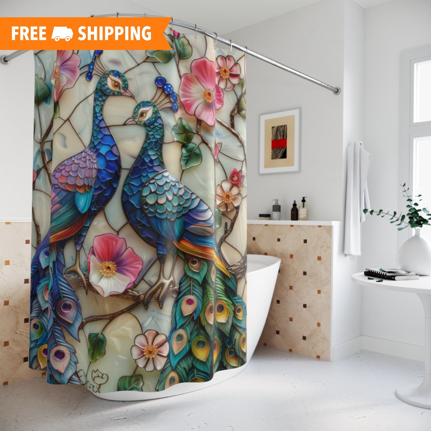 Stained Glass Peacocks Pink Flower Polyester Shower Curtain