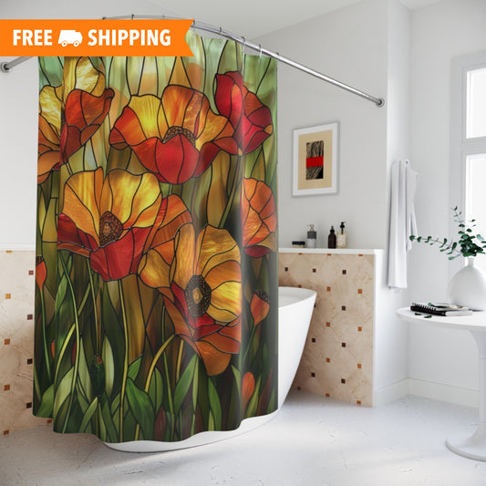 Faux Stained Glass Of Poppies Polyester Shower Curtain