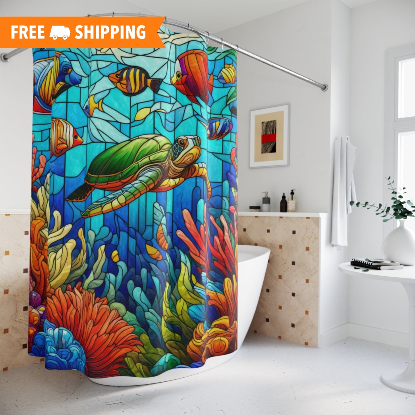 Stained Glass Colorful Tropical Fish, Sea Turtles, and Coral Reef Shower Curtains