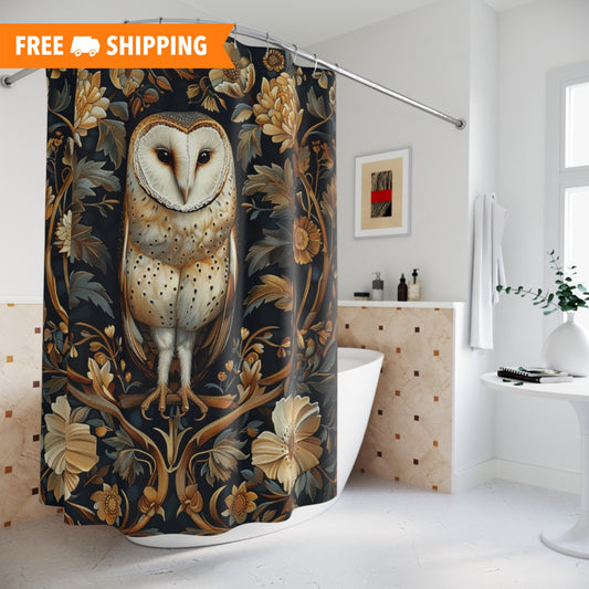 Vintage Barn Owl Shower Curtain | Art Deco Style Shower Curtain | Cottagecore Bathroom Decor