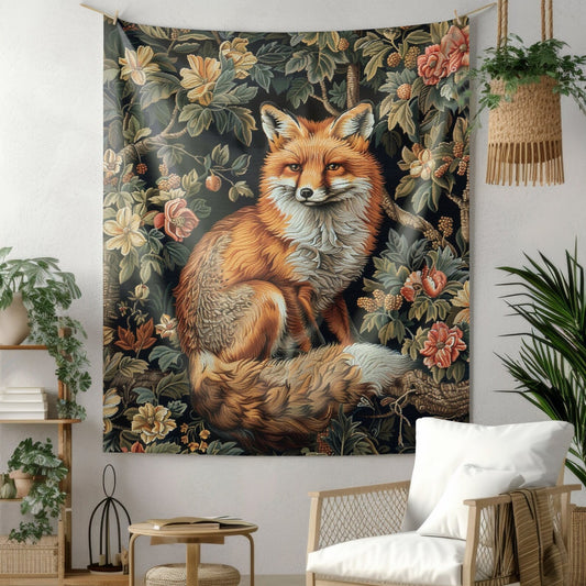 Tapestry of Forest Fox, William Morris Inspired, Cottagecore Indoor Wall Tapestries