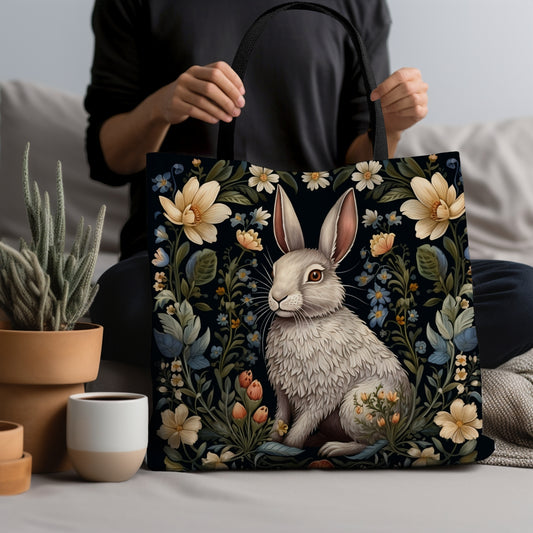 Floral Bunny Tote Bag, William Morris Inspired, Easter Tote Bag, Rabbit Cottagecore Tote Bag, Eco-Friendly Carryall