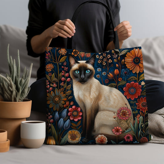 Siamese Cat Tote Bag, William Morris Inspired, Cat Tote Bag,  Cottage-core Tote Bag, Eco-Friendly Carryall