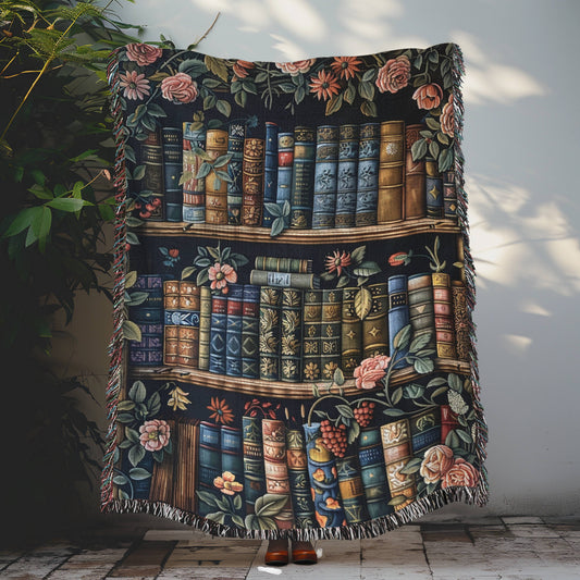 William Morris Inspired Vintage Bookshelf Botanical Woven Blanket, Gift For Reader Person Tapestry, Boho Room Decor Woven Wall Art