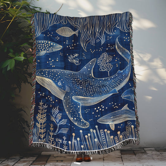 Indigo Ink Whale Shark Pattern Woven Blanket, Cozy Home Decor Jacquard Cotton Woven Blanket