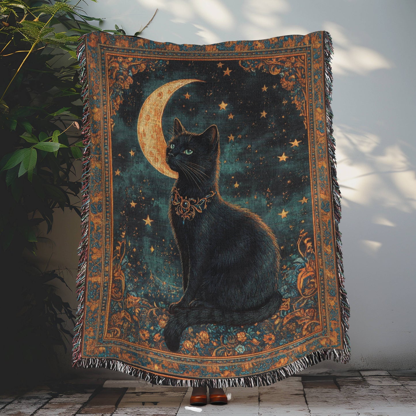 Black Cat Crescent Moon And Stars Woven Blankets, Cozy Home Decor, William Morris Inspired Cotton Blankets