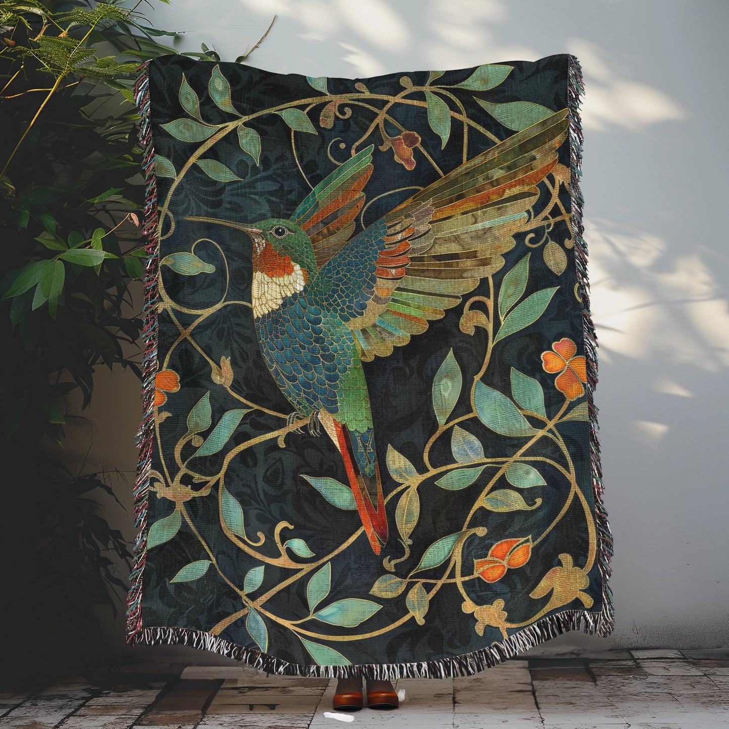 William Morris Inspired Hummingbird Art Deco Woven Blankets, Cozy Home Decor Jacquard Cotton Woven Blanket