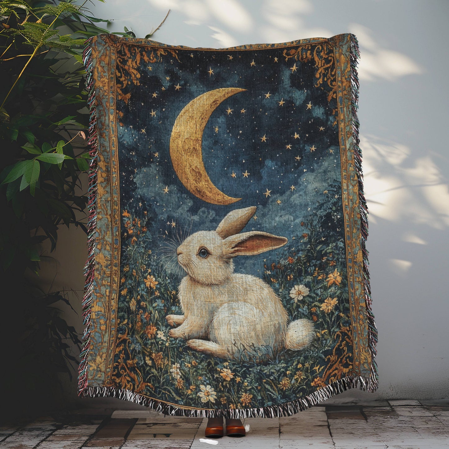 Rabbit And Crescent Moon In The Style Of William Morris Inspired Woven Blankets