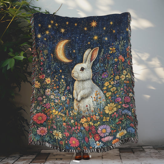 William Morris Inspired Rabbit Moon Wildflowers Cottagecore Woven Blanket