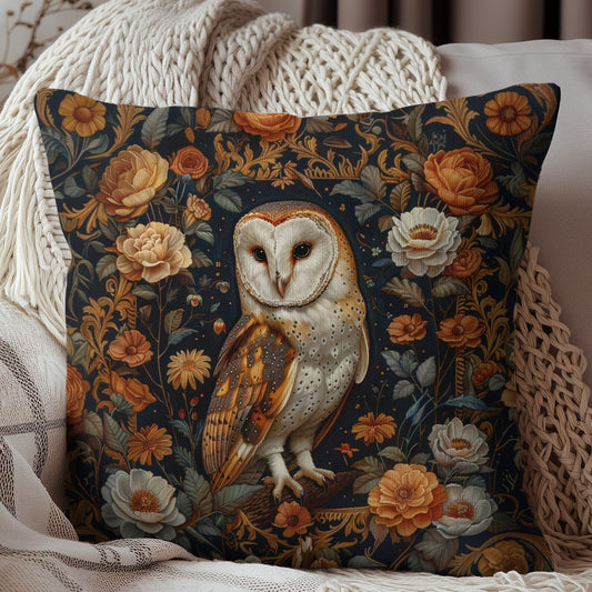 William Morris Inspired Barn Owl Wildflower Throw Pillow | Cottagecore Design Pillow