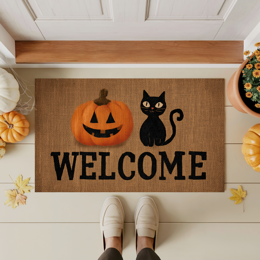 Halloween Welcome Doormat, Pumpkin & Black Cat Entry Rug, Spooky Cute Fall Decor, Indoor Outdoor Mat