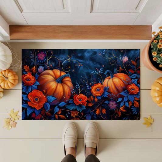 Autumn Pumpkin Floral Doormat, Fall Harvest Entry Rug with Vibrant Seasonal Design, Indoor Outdoor Decor