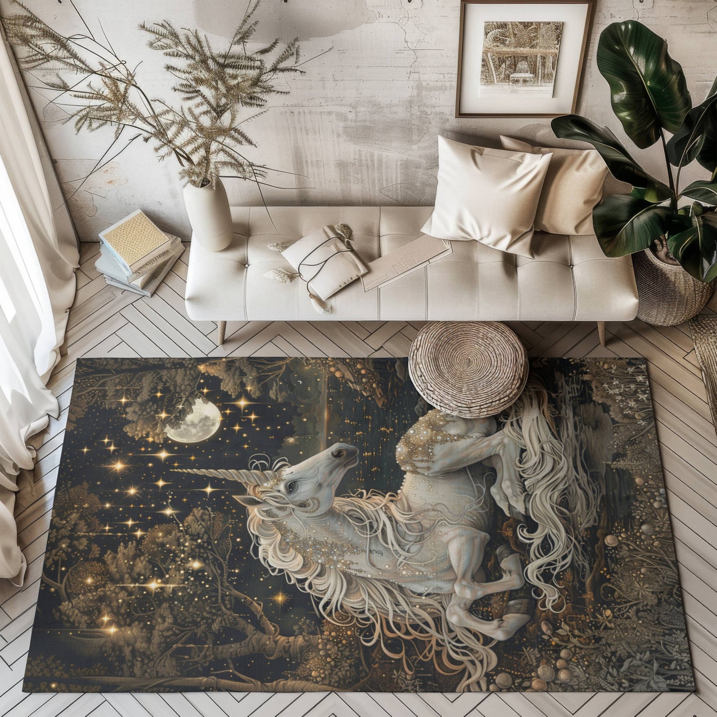 Victorian White Pearl Unicorn Whimsical Night William Morris Inspired Area Rug,Home Decor,Housewarming Gift,Unique Gift,Rug for