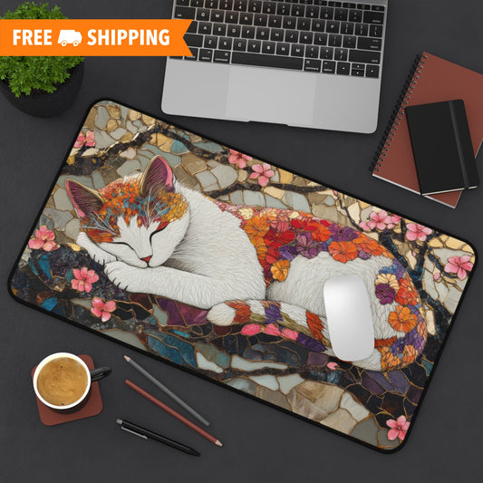 A White Calico Cat  Sleeping On Cherry Blossom Tree Desk Mat