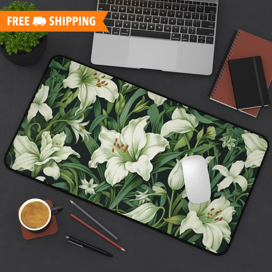 William Morris Inspired White Lily Desk Mat 2 Sizes | Green Home Decor Gift Desk Mats