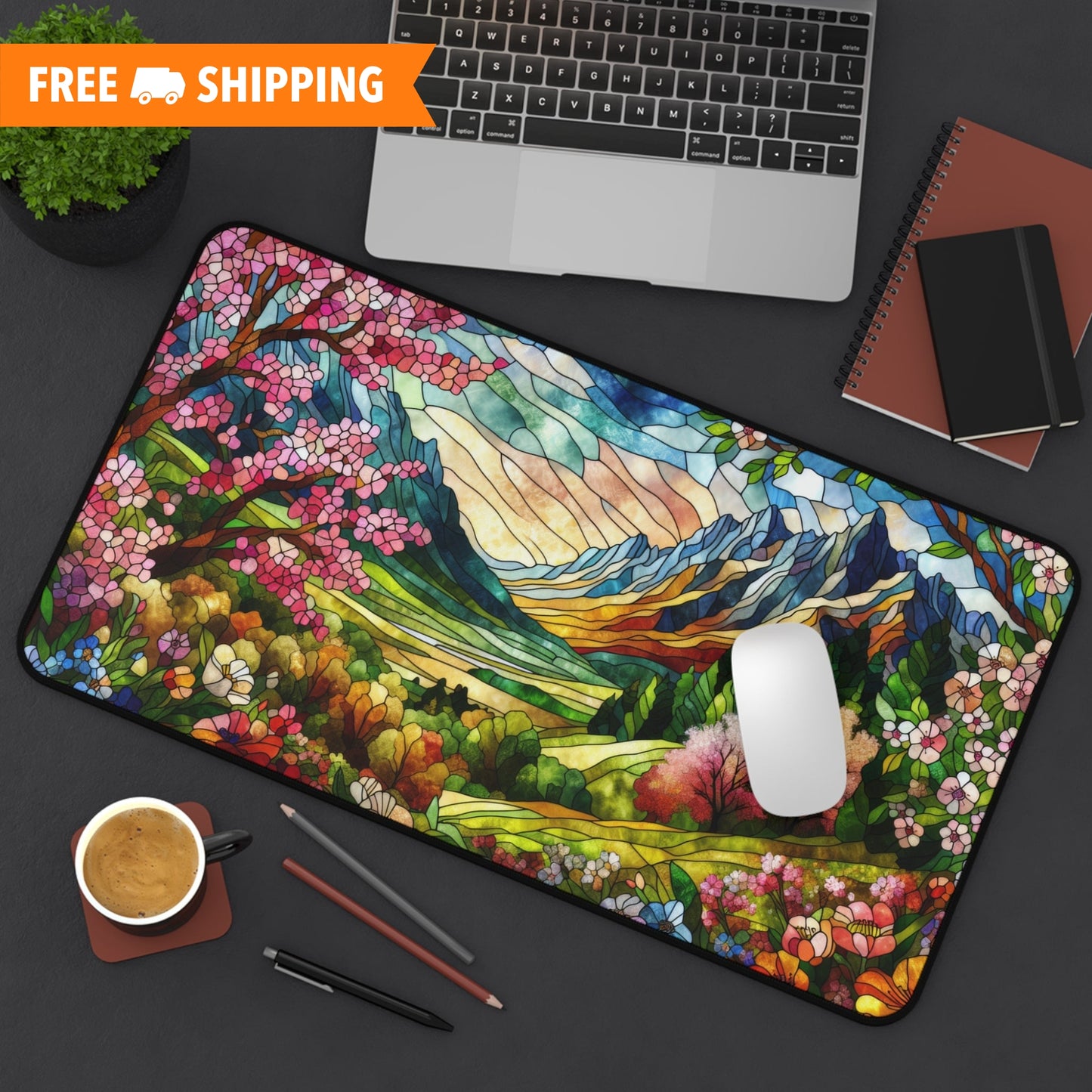 Mountain Landscape Spring Scene | Faux Stained Glass | Desk Mat 2 Sizes | Gamer Keyboard Mouse Pad | Office Decor GiftDesk Mats