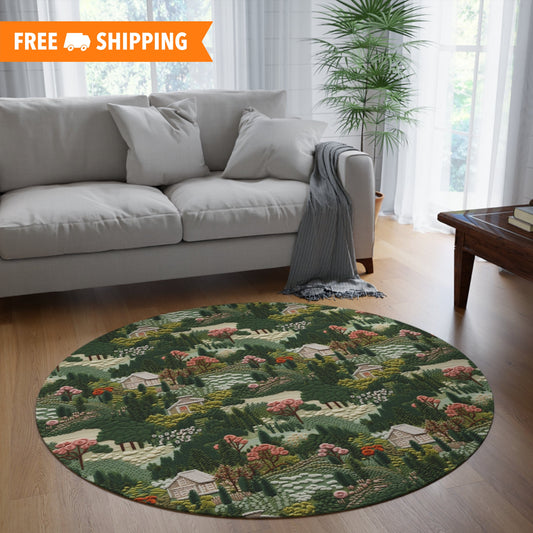 Forest Cottage Embroidery Pattern Round Area Rug, Housewarming Gift