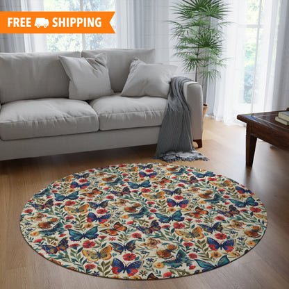 Vintage Butterfly Embroidery Pattern Round Area Rug,  Housewarming Gift