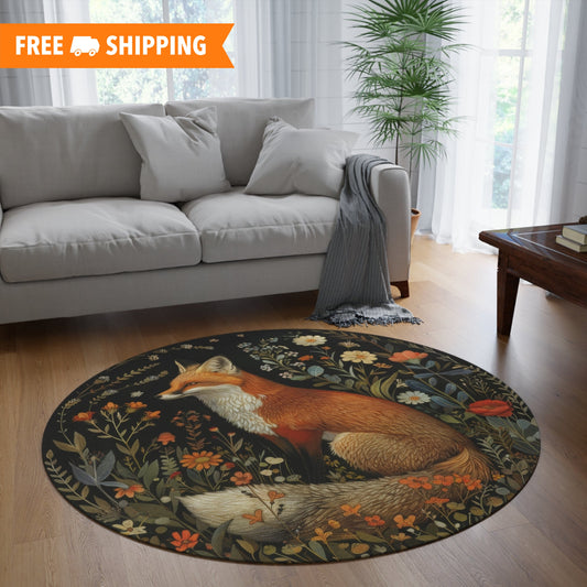 Vintage Fox Wildflower Round Area Rug | William Morris Inspired Cottage-core Decor, Housewarming Gift,