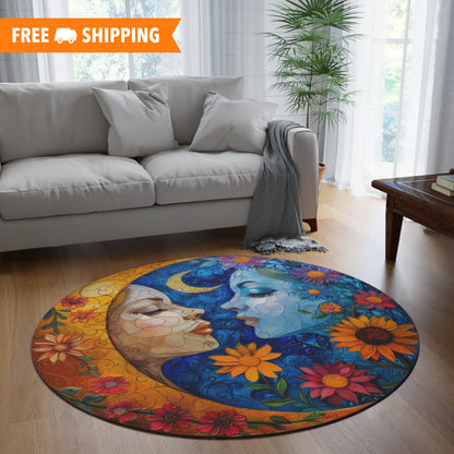 Ladies Moon And Stars Round Rug Home Decor, Living Room Floor Coverings, Boho Family Room