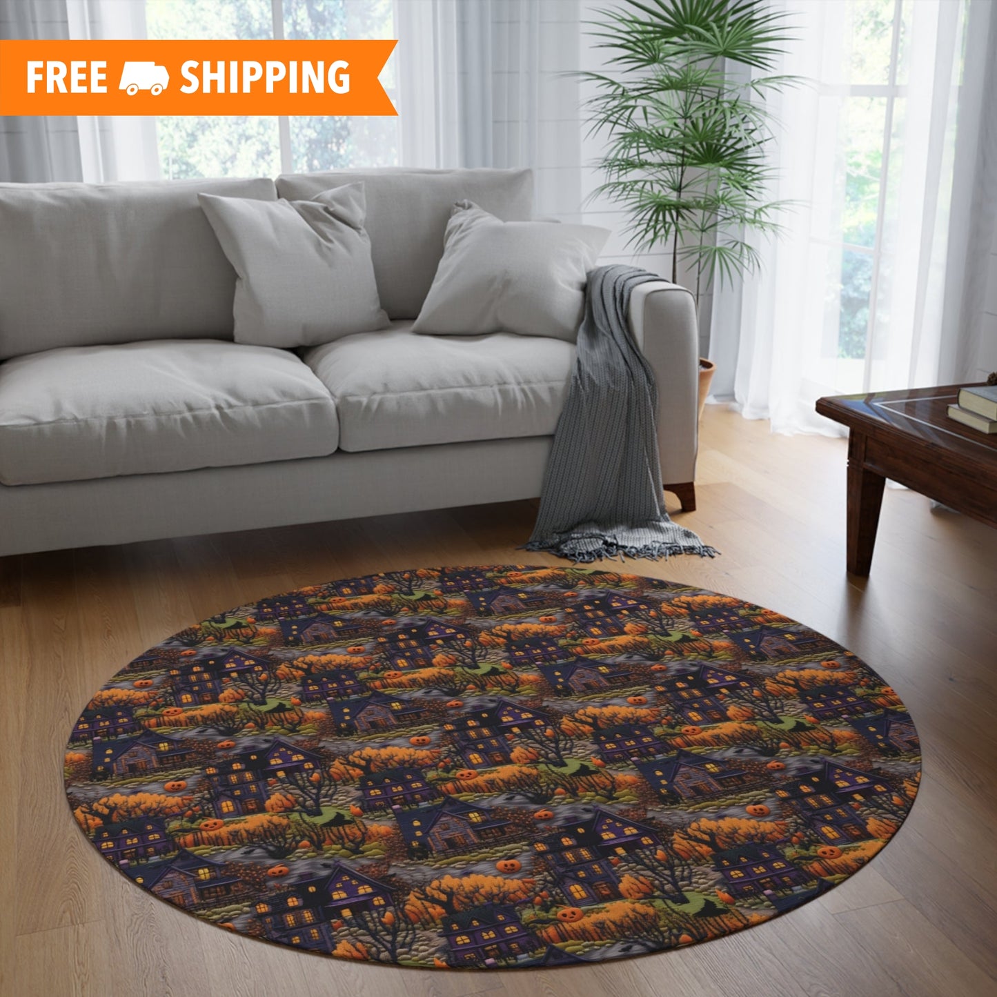 Halloween Cottage Embroidery Seamless Pattern Round Area Rug, Housewarming Gift