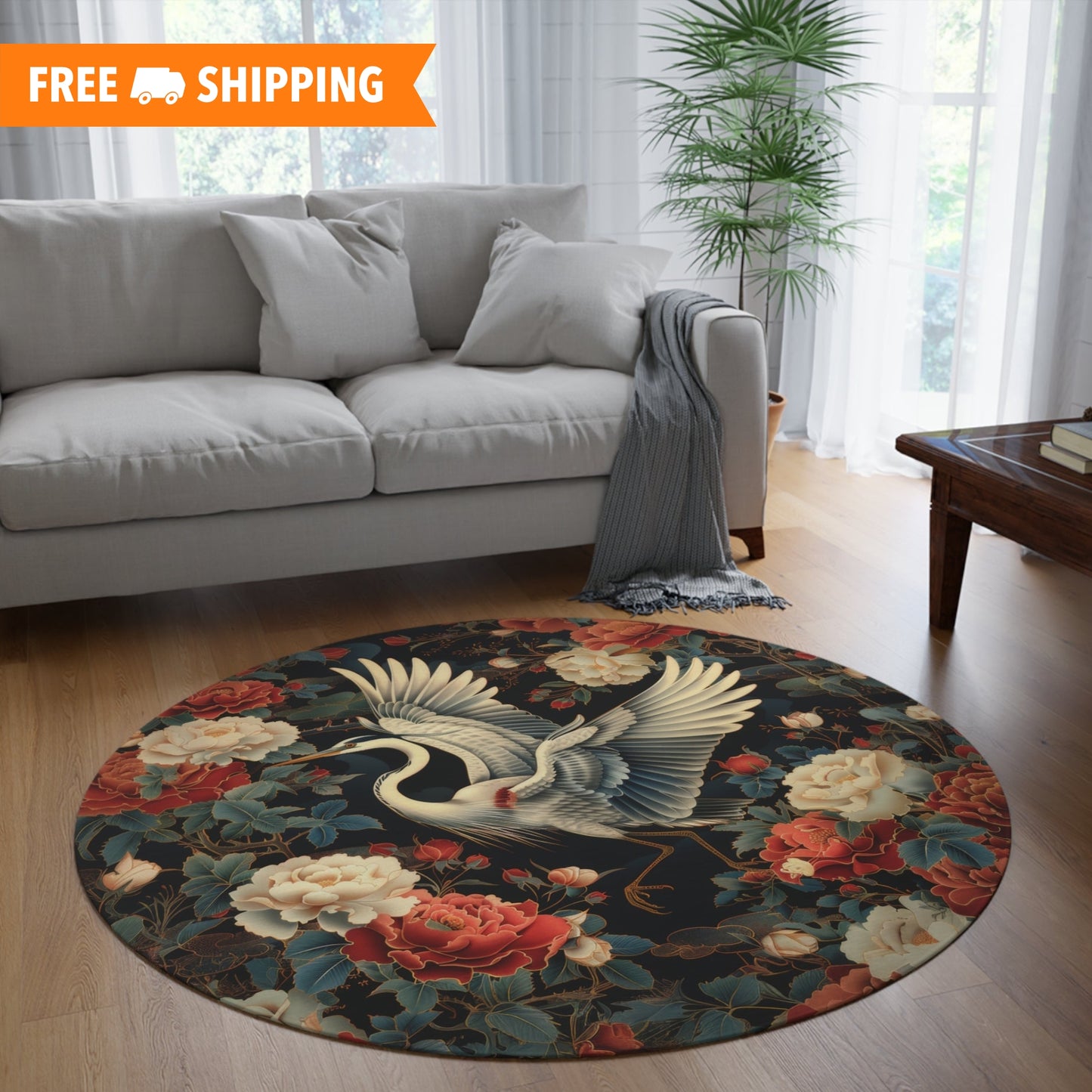 Flying Heron Vietnamese Art Style Home Decor, Heron Round Area Rug, Heron Area Rug