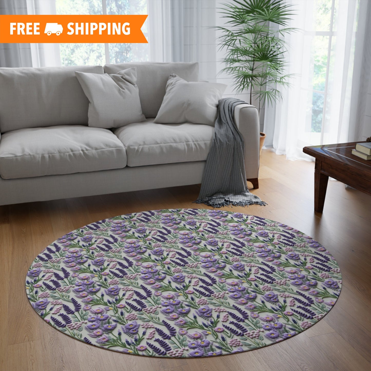 Sweet Larvender Embroidery Pattern Round Area Rug, Housewarming Gift