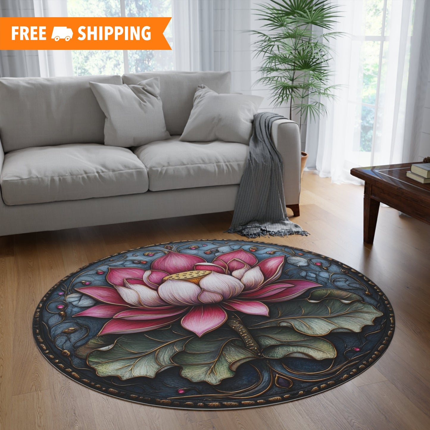 Pink Lotus William Morris Inspired Round Area Rug, Living Room & Meditation Space