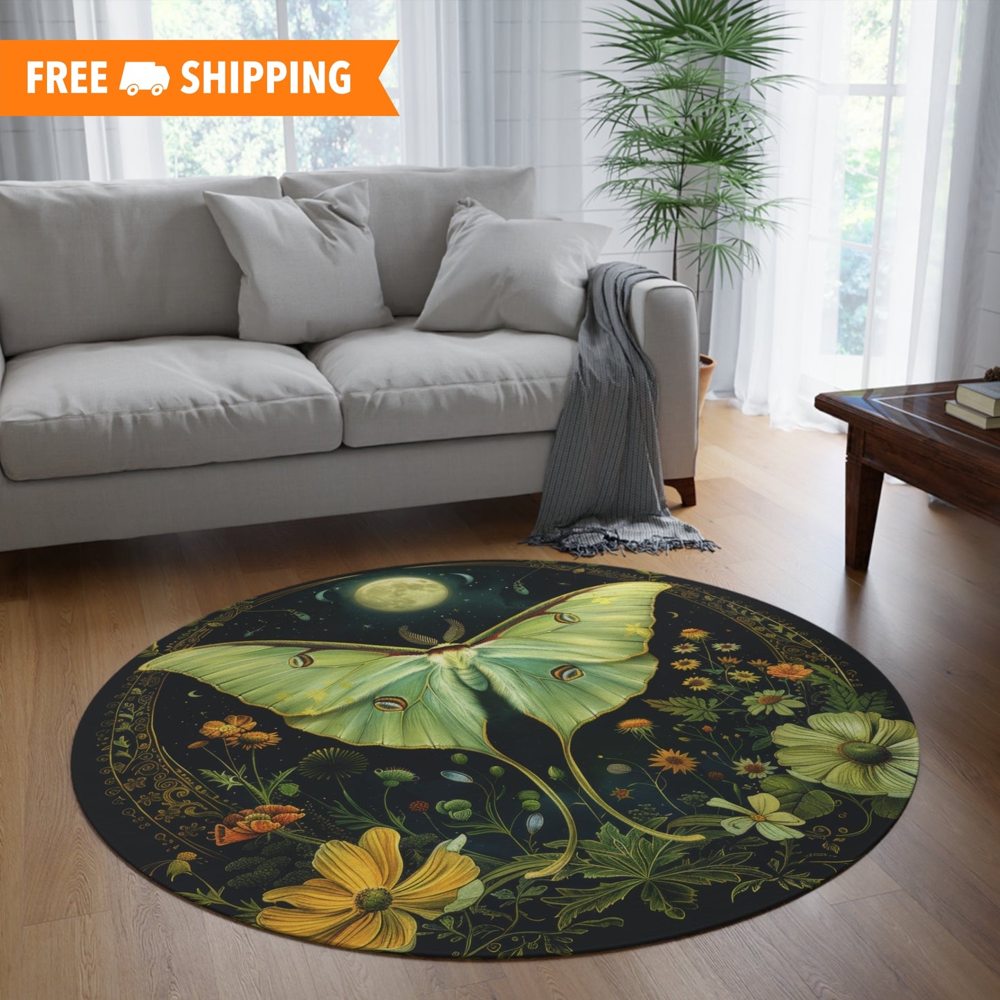 Botanical Luna Moth Moon Round Rug, William Morris Inspired Luna Moth Home Decor Round Area Rug