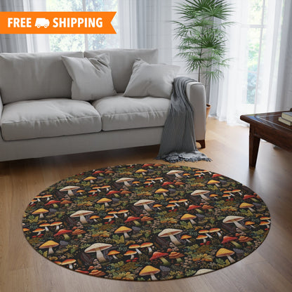 Forest Mushrooms Embroidery Pattern Round Area Rug