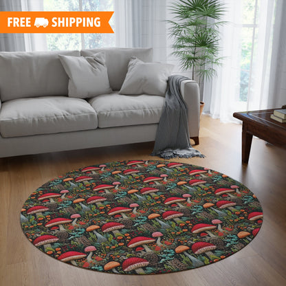 Wild Mushrooms Cottage Embroidery Pattern Round Area Rug, Housewarming Gift