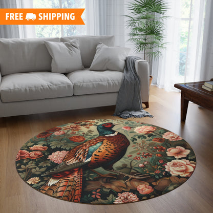 Pheasant Floral Garden, Art Deco Style Home Decor Round Area Rug, Living Room Fall Season Area Rug Decor