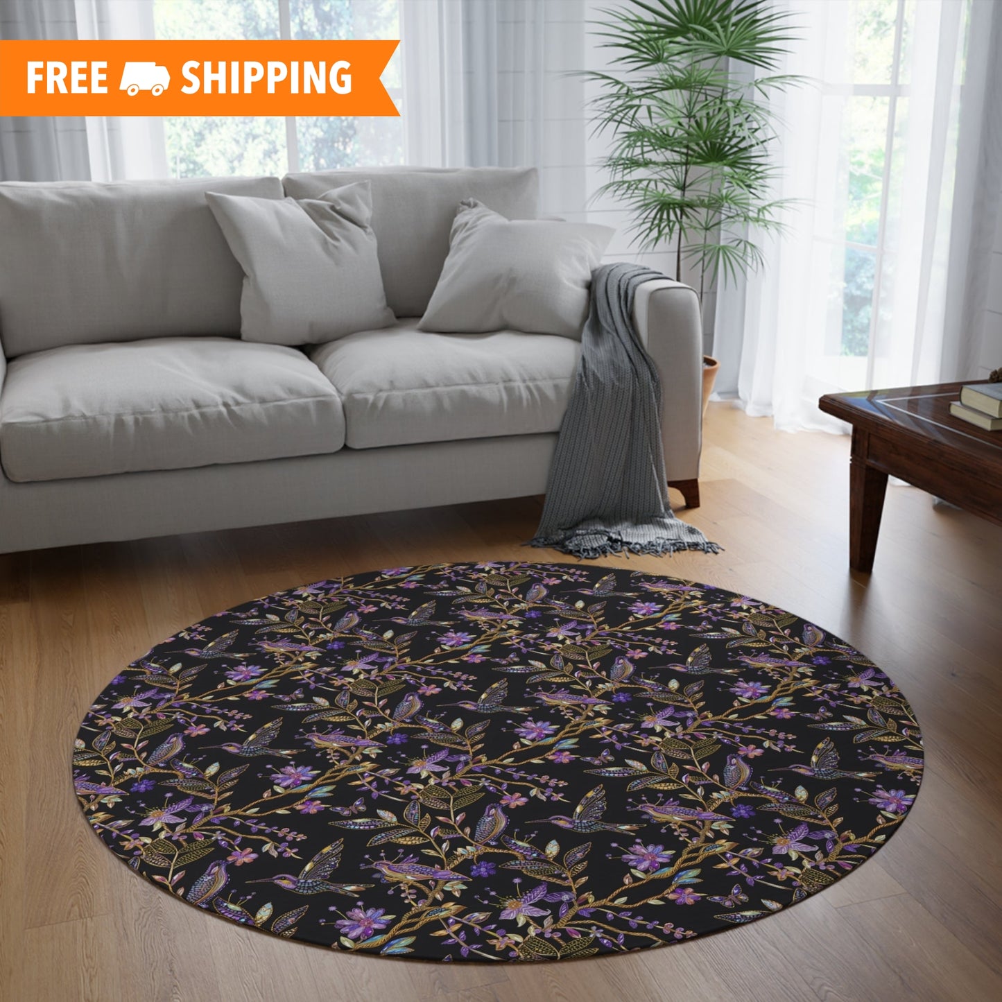 Purple Crystal Hummingbird Embroidery Seamless Pattern Round Area Rug