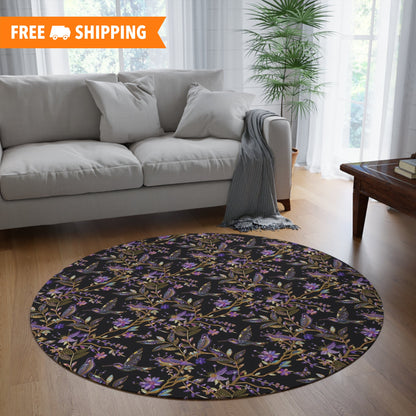 Purple Crystal Hummingbird Embroidery Seamless Pattern Round Area Rug