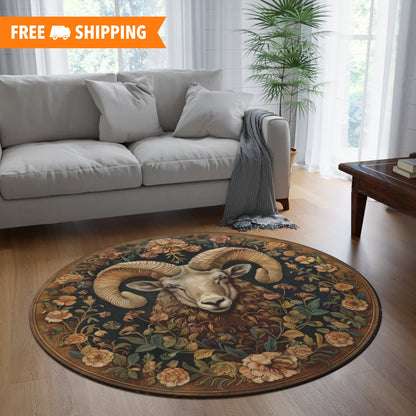 Botanical Ram Round Area Rug | William Morris Inspired Cottagecore Decor, Aries Zodiac Round Carpet