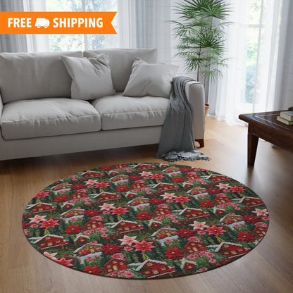 Christmas Cottage Embroidery Seamless Pattern Round Area Rug, Housewarming Gift