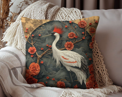 Chinese Art Style Egret Throw Pillow | Art Deco Pillow Cushion Gift for Her INSERT INCLUDED