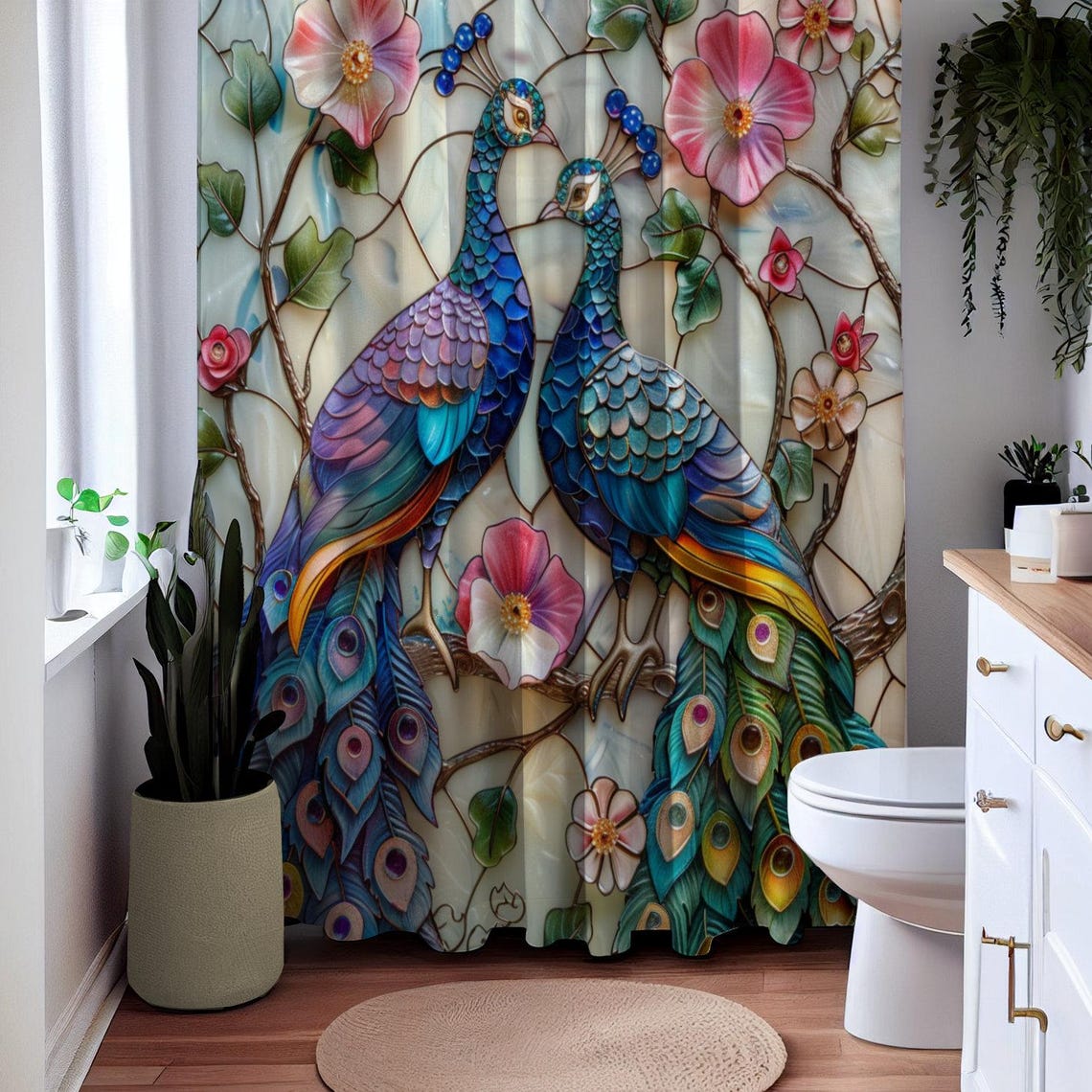 Stained Glass Peacocks Pink Flower Polyester Shower Curtain