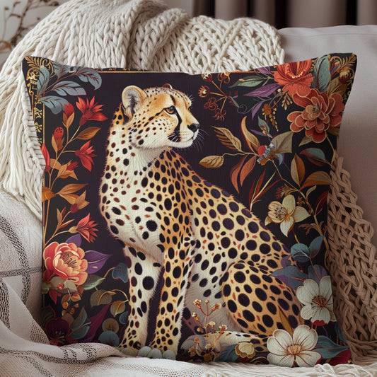 William Morris Inspired Botanical Cheetah Pillow | Cottage-core Pillow Design
