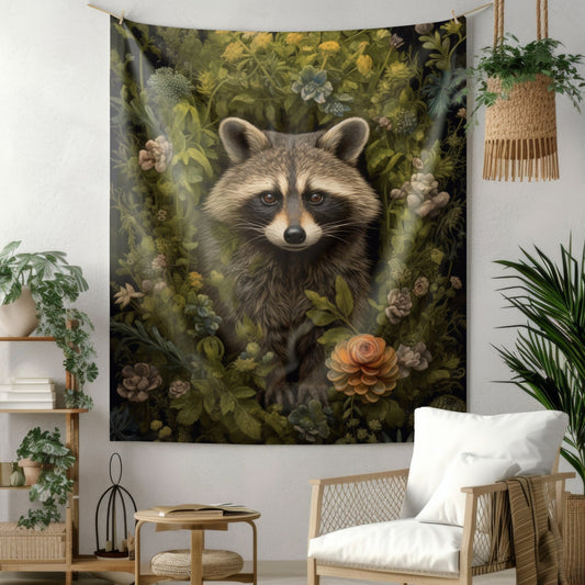 Tapestry of Forest Raccoon | William Morris Medieval Style Wall Art | Cottagecore Hanging and Home Decor