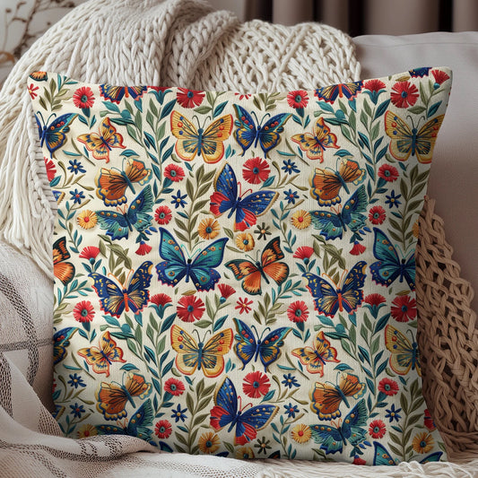 Colorful Spring Butterfly Embroidery Pattern Pillow | Cottagecore Art Nouveau Pillow Cushion Gift for Her