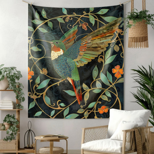 Tapestry of Hummingbird Art Deco William Morris Inspired Indoor Wall Tapestries