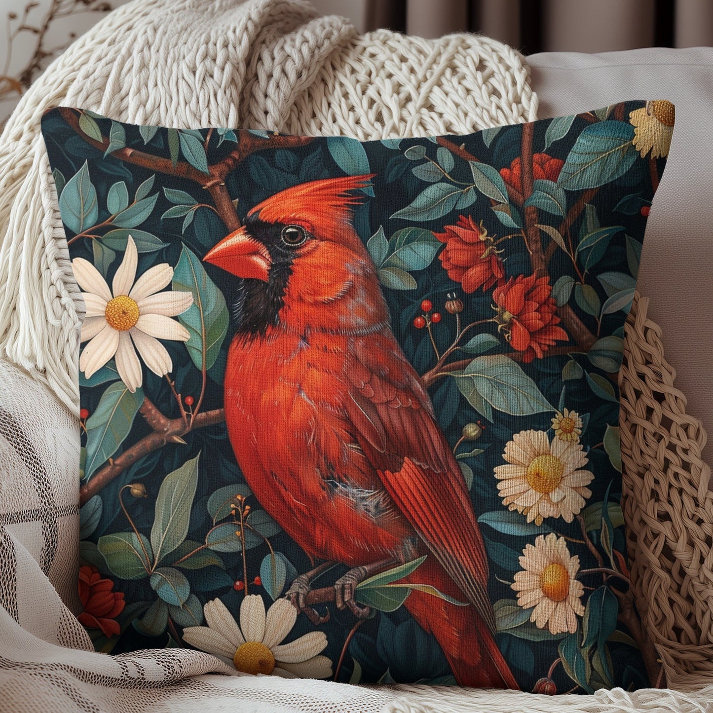 William Morris Inspired Botanical Red Cardical Pillowcase, Bird Decorative Home Decor Pillowcase